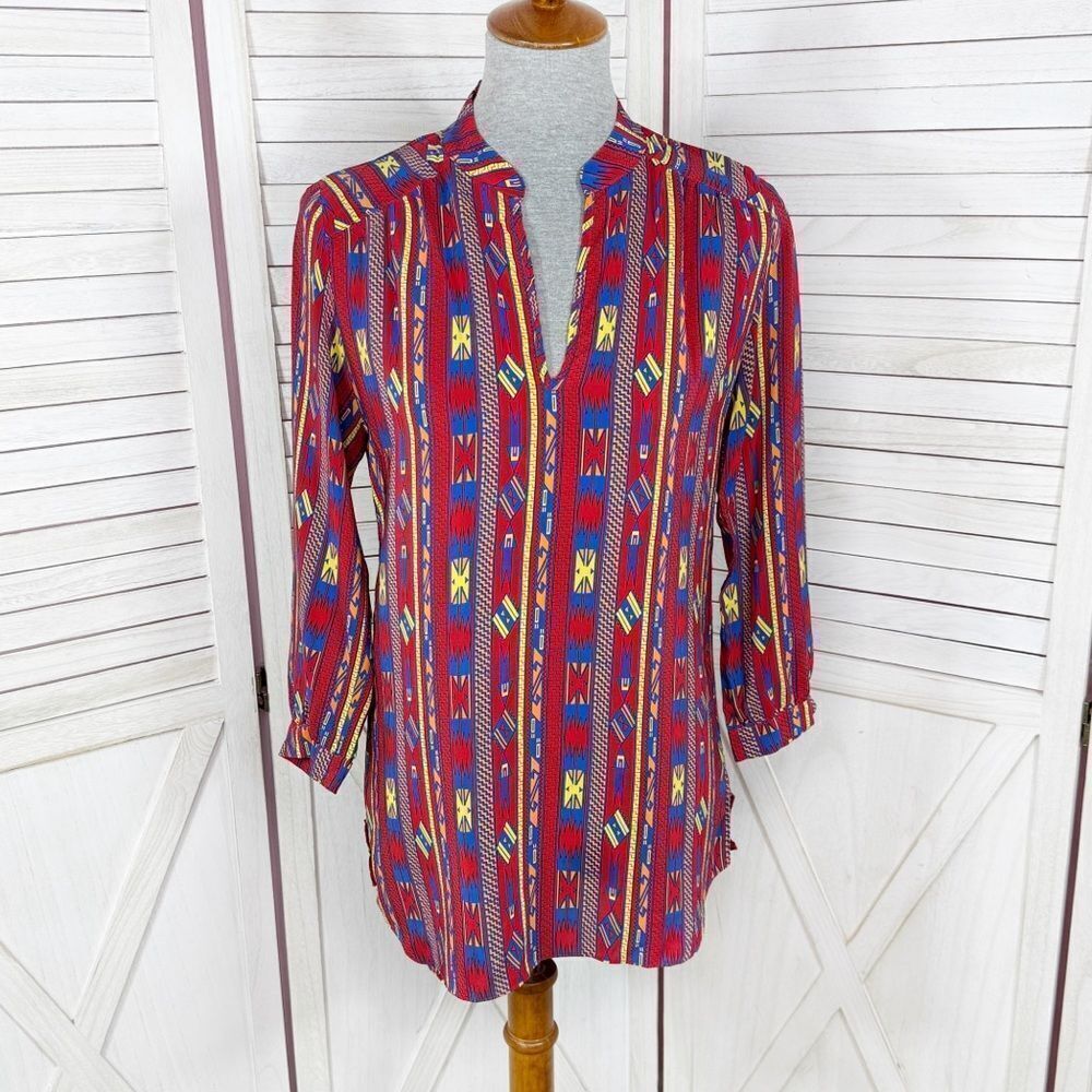 Amanda Uprichard Aztec Native Print Silk Tunic Blouse Red Small